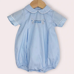 Vintage Alexis bubble romper blue collared with embroidered “Boy” size 3 months